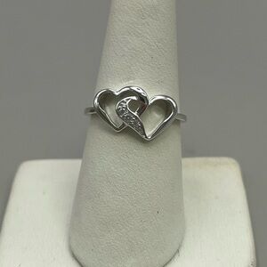 Sterling Silver Double Heart Ring with Crystal Accent
